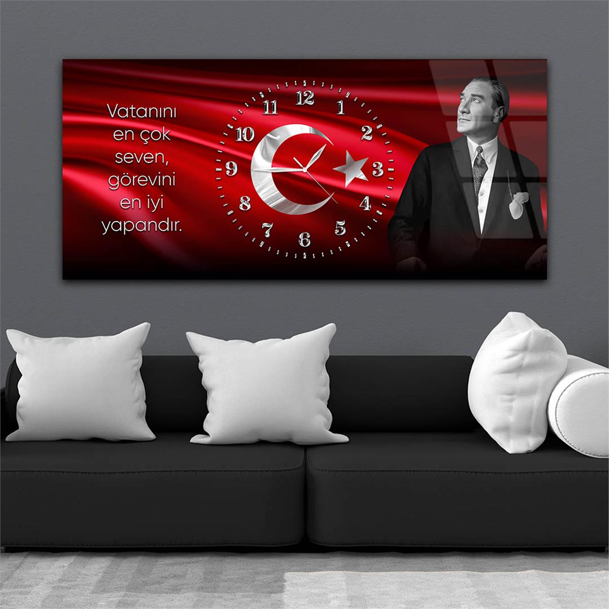 Yatay Saatli Ortadan Vatan Temalı Cam Tablo 169