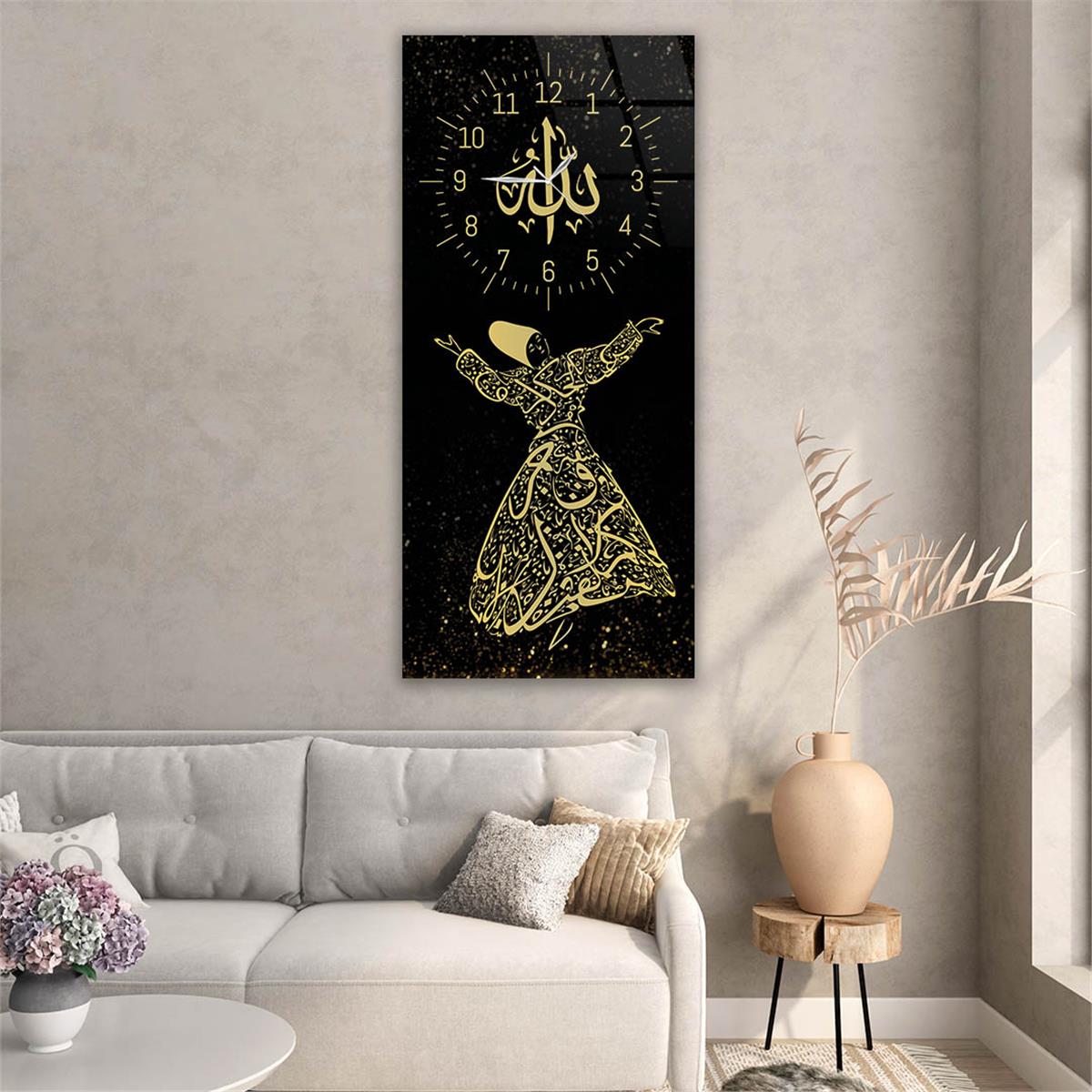 Vertical Religious Themed Glass Wall Art with Clock at the Top  001
