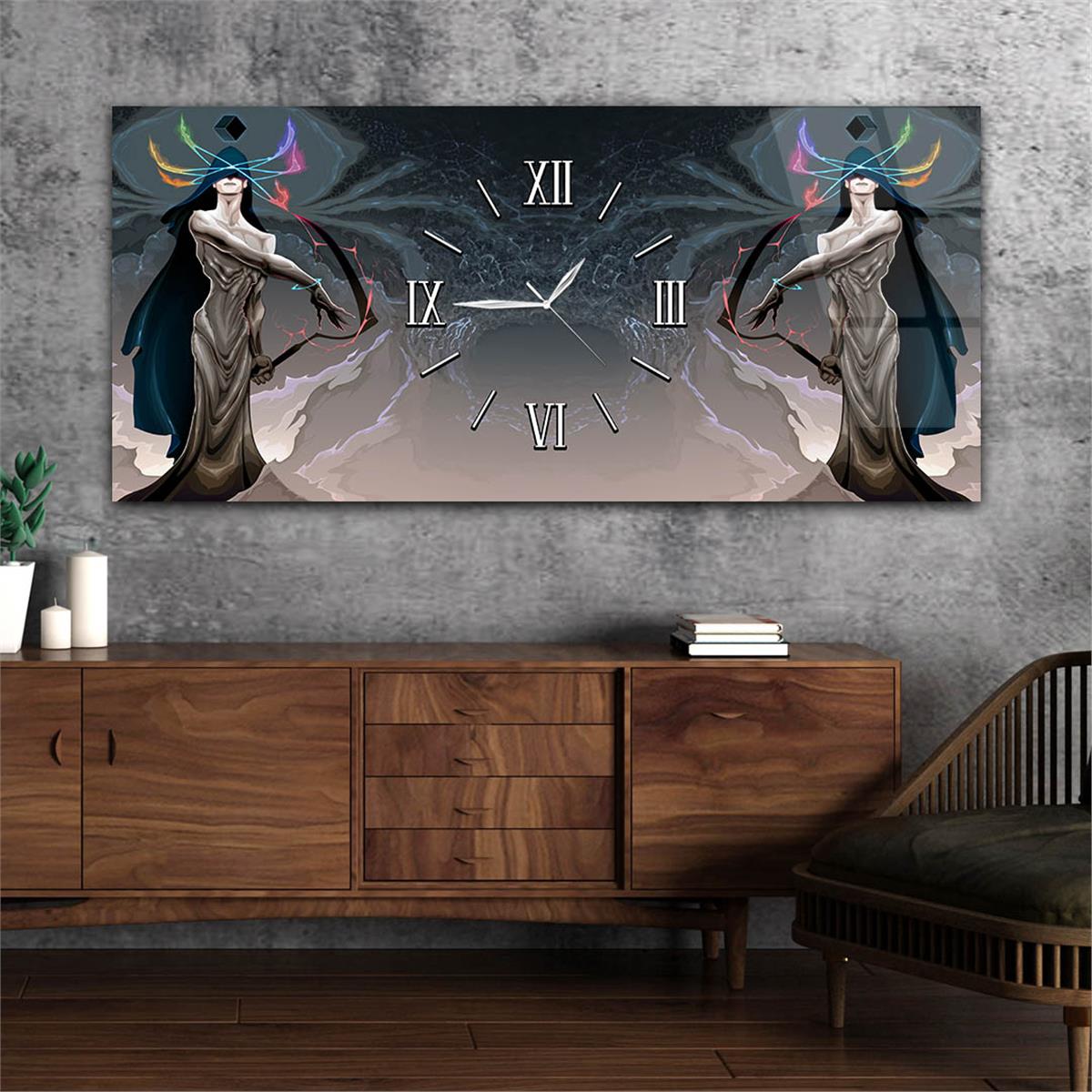 Horizontaal, in Het Midden Voorzien Van Een Klok, Kunst En Natuur Thema Gehard Glasschilderij 091