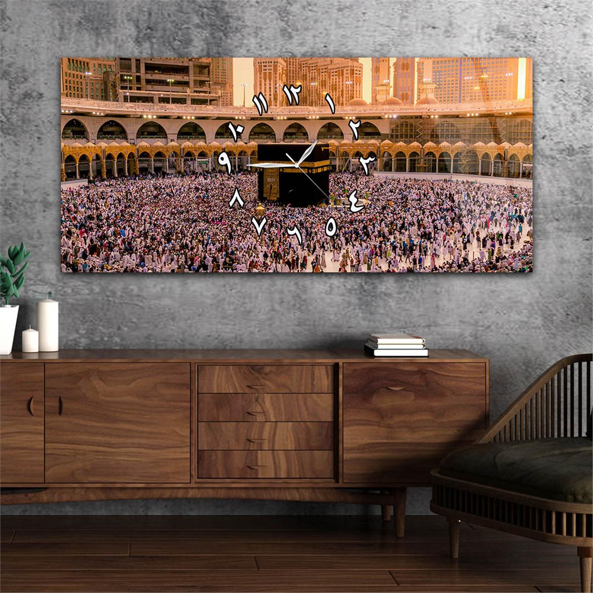 Yatay Ortadan Saatli  Dini Temalı Cam Tablo 030