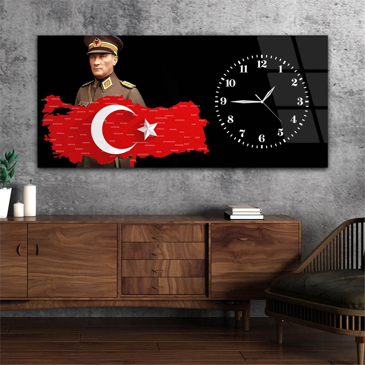 Yatay Saatli Yandan Vatan Temalı Cam Tablo 031