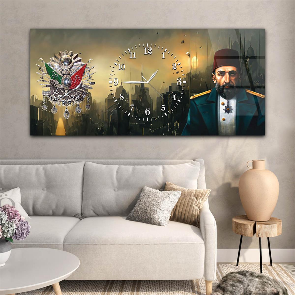 Abdülhamid Han ve Osmanlı Tuğralı İstanbul Zeminli Saatli Cam Tablo 074