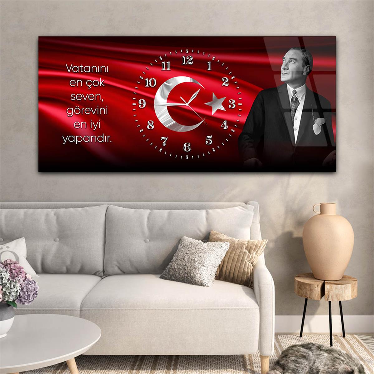 Yatay Saatli Ortadan Vatan Temalı Cam Tablo 169