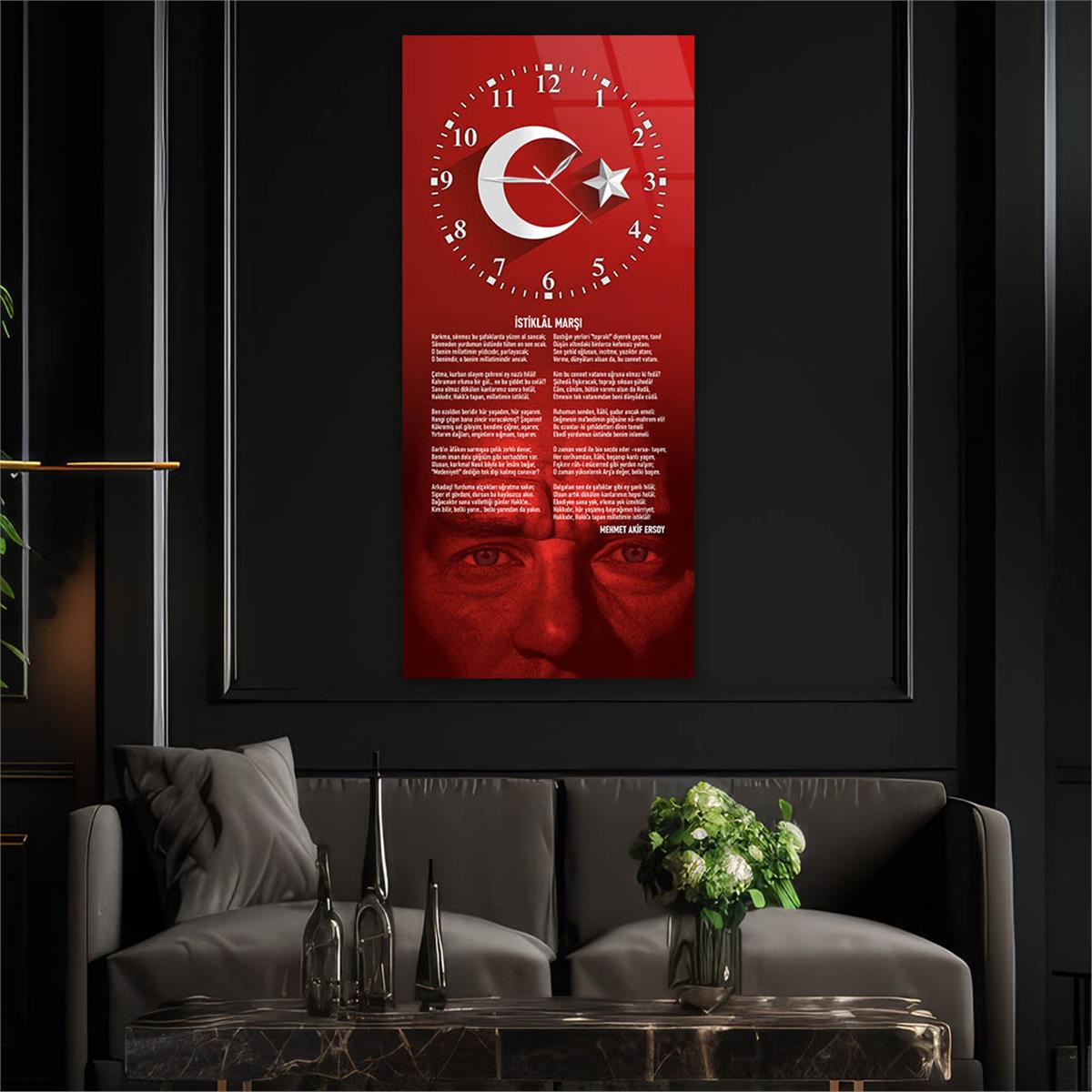 Dikey Üstten Saatli Vatan Temalı Cam Tablo 026