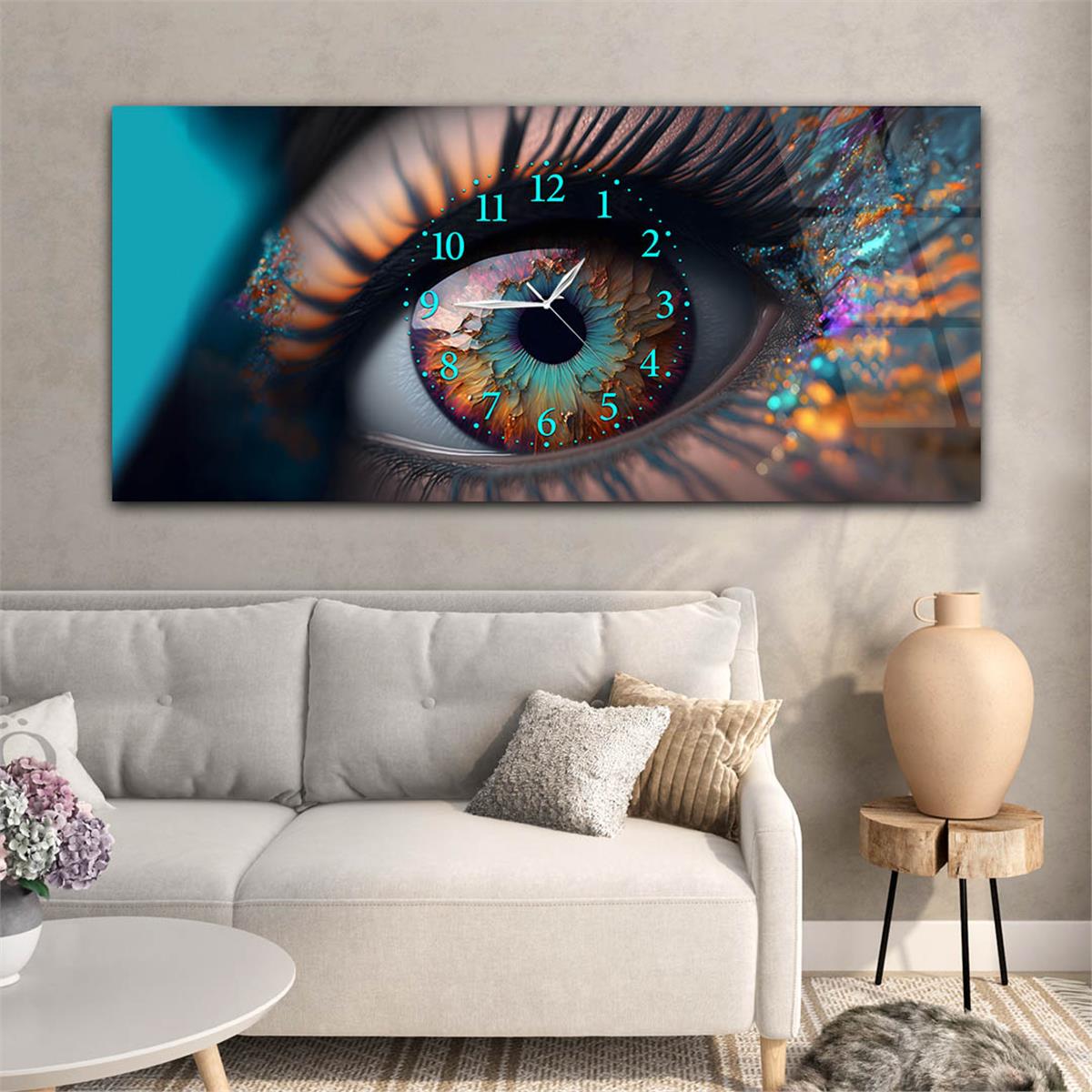 Yatay Ortadan Saatli  Sanat ve Doğa Temalı Cam Tablo 074