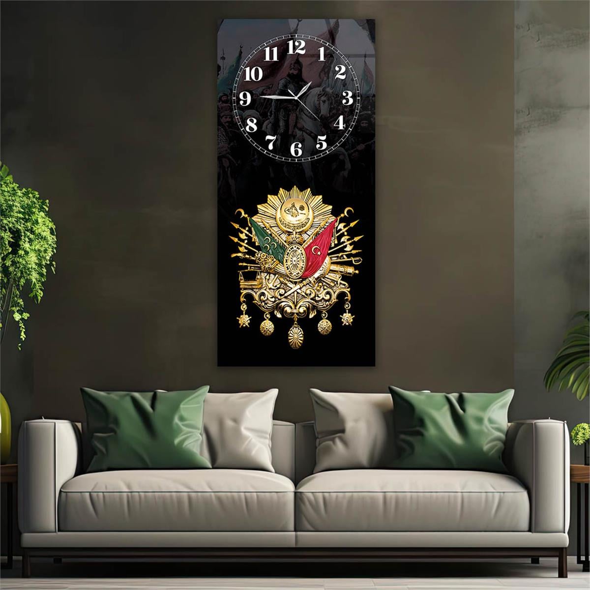 Vertical National Themed Glass Wall Art with Clock at the Top 009