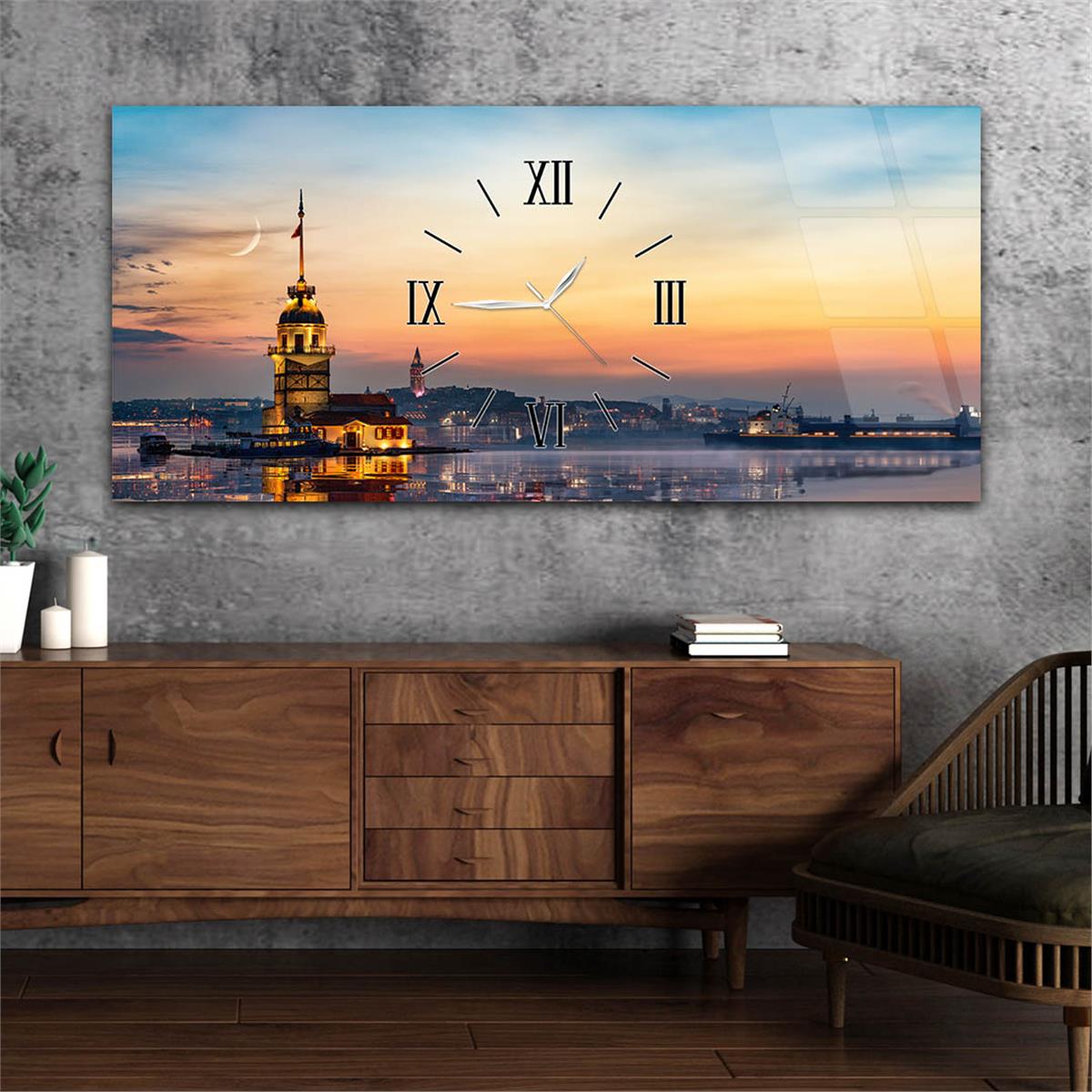 Yatay Ortadan Saatli  Sanat ve Doğa Temalı Cam Tablo 077