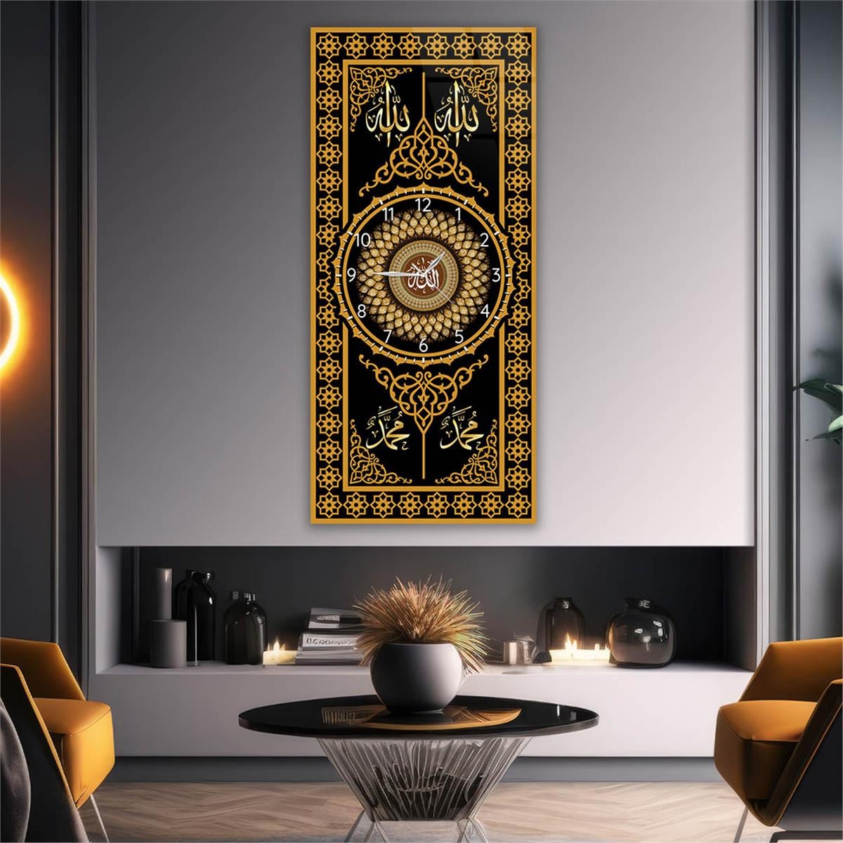 Vertical Religious Themed Glass Wall Art with Clock at the Center 014