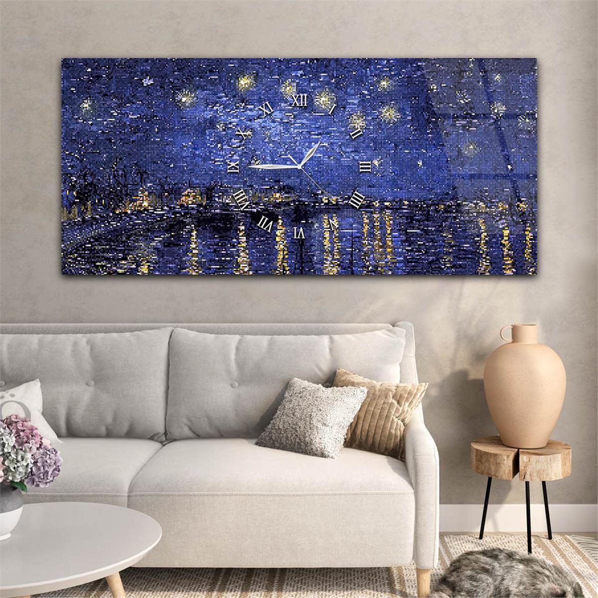 Yatay Ortadan Saatli  Sanat ve Doğa Temalı Cam Tablo 044