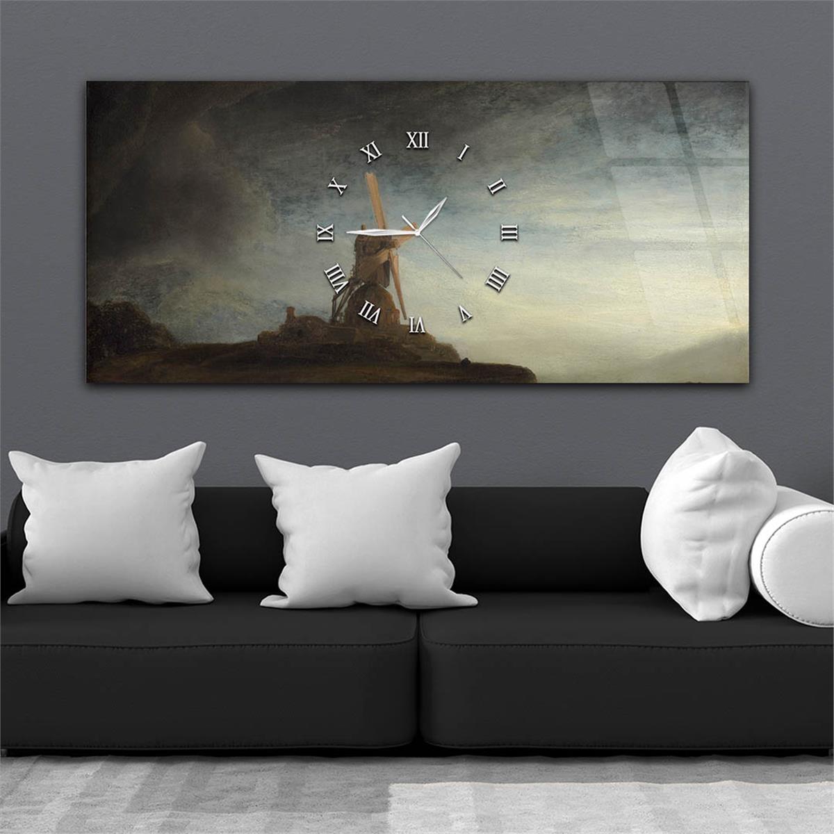 Horizontaal, in Het Midden Voorzien Van Een Klok, Kunst En Natuur Thema Gehard Glasschilderij 032