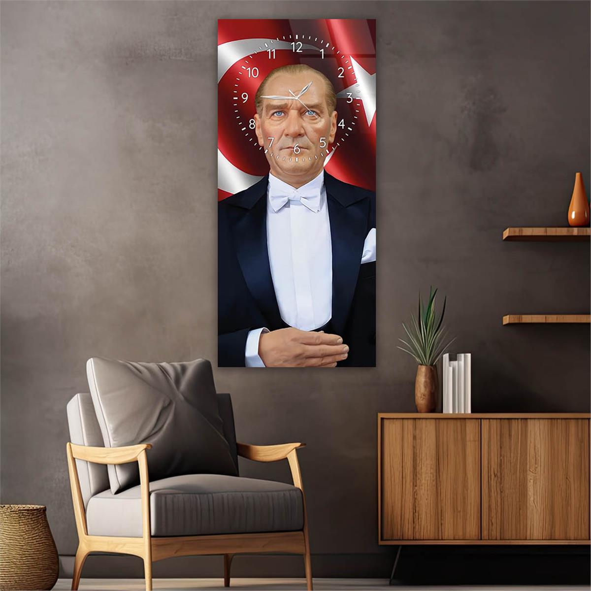 Vertical National Themed Glass Wall Art with Clock at the Top 005