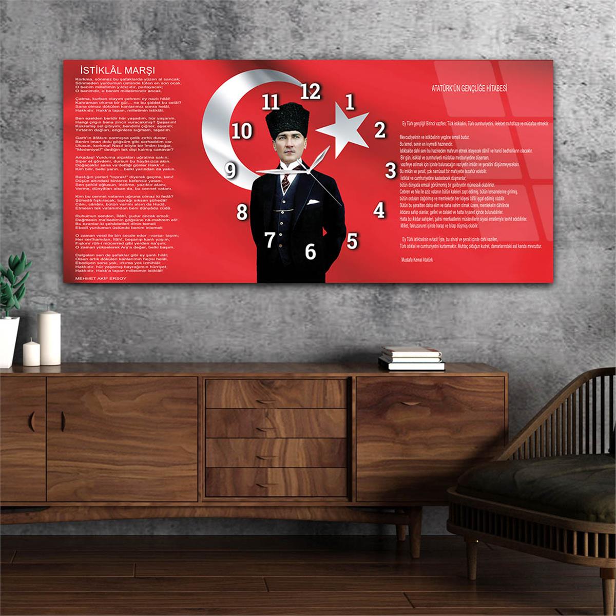 Yatay Saatli Ortadan Vatan Temalı Cam Tablo 096