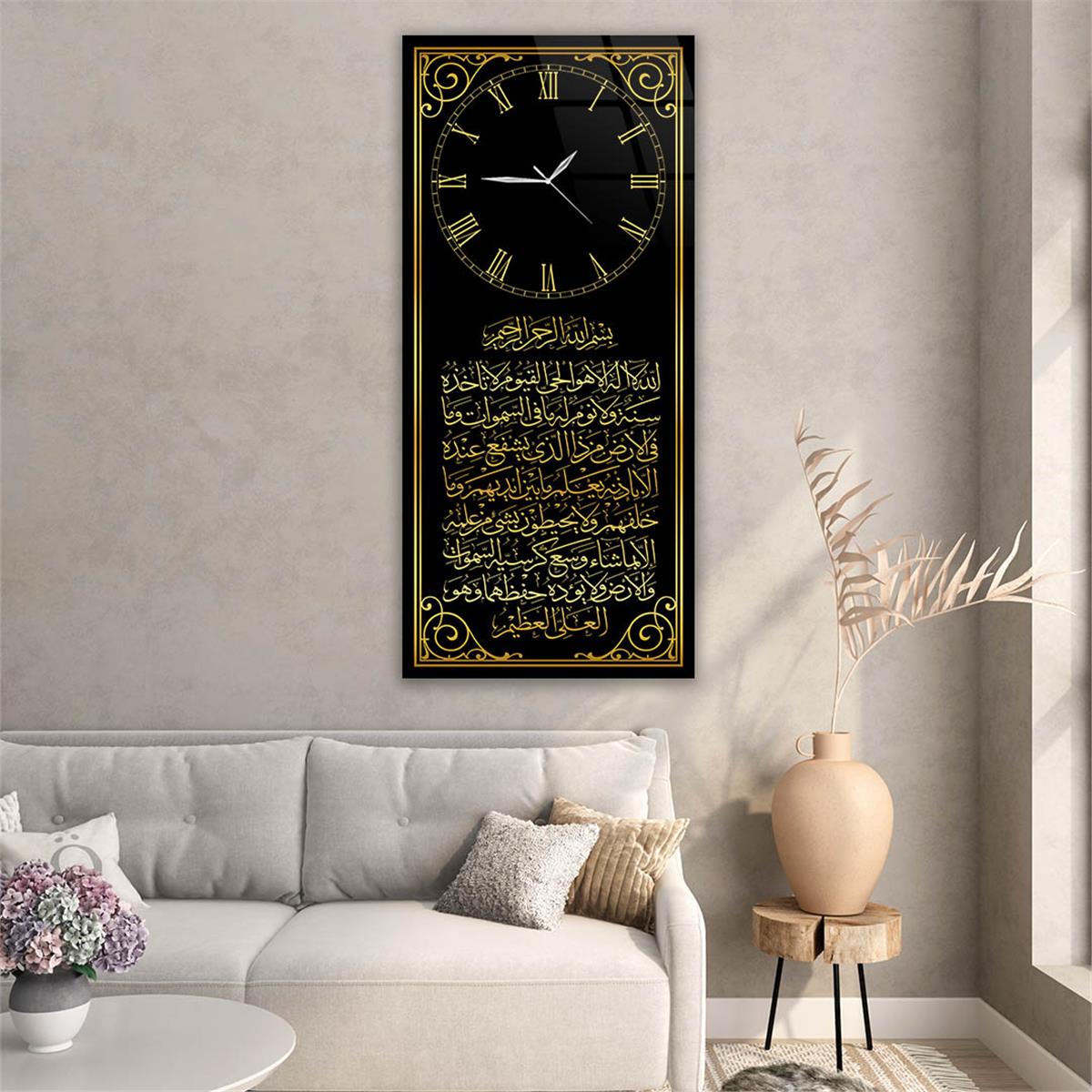 Vertical Religious Themed Glass Wall Art with Clock at the Top  005