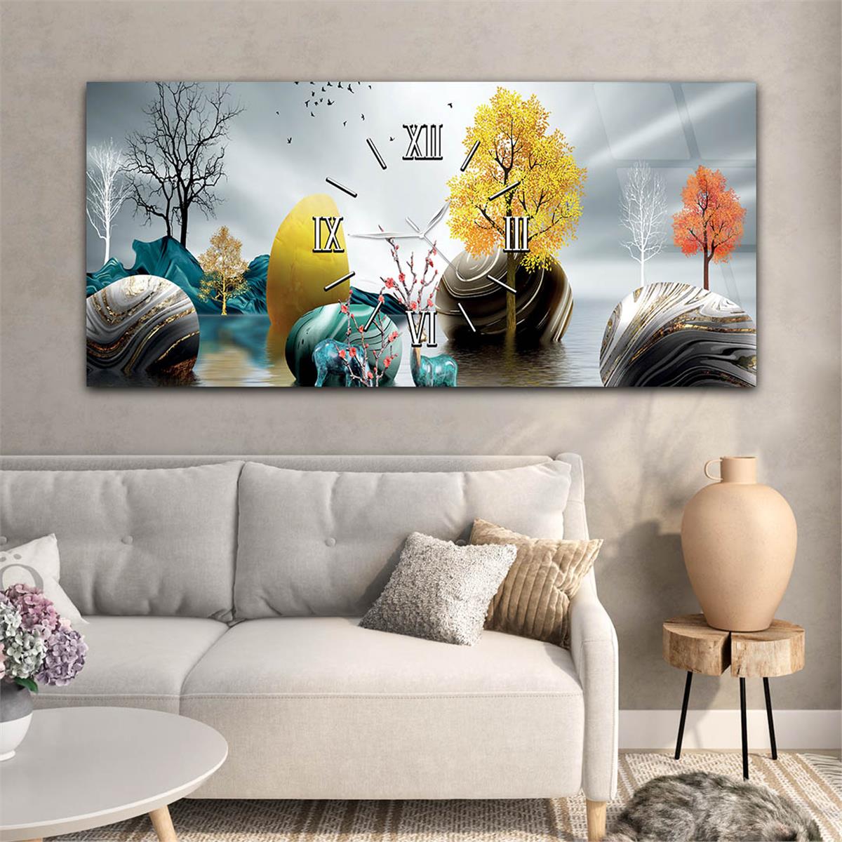 Horizontaal, in Het Midden Voorzien Van Een Klok, Kunst En Natuur Thema Gehard Glasschilderij 090