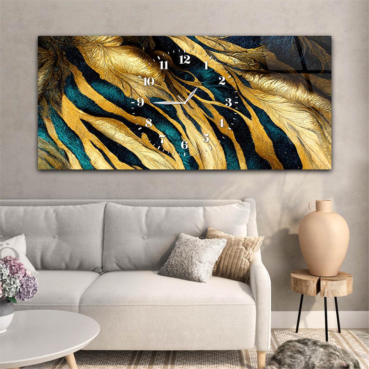 Mavi ve Gold Renkli, Çizgi ve Yaprak Desenli Saatli Cam Tablo
