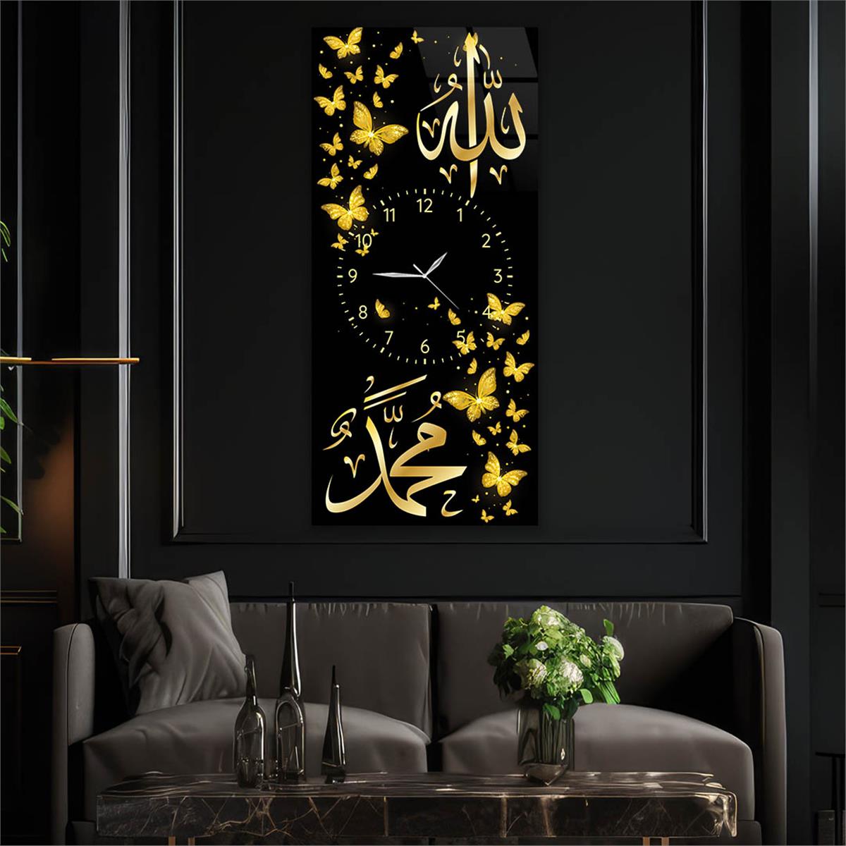 Vertical Religious Themed Glass Wall Art with Clock at the Center 011
