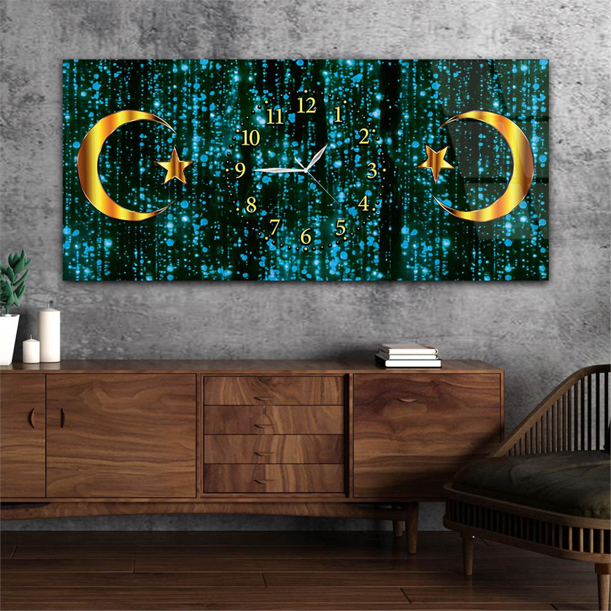 Mavi Zemin Üzerine Ayyıldız Saatli Cam Tablo 086