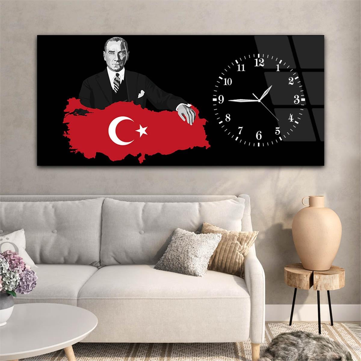 Yatay Saatli Yandan Vatan Temalı Cam Tablo 013