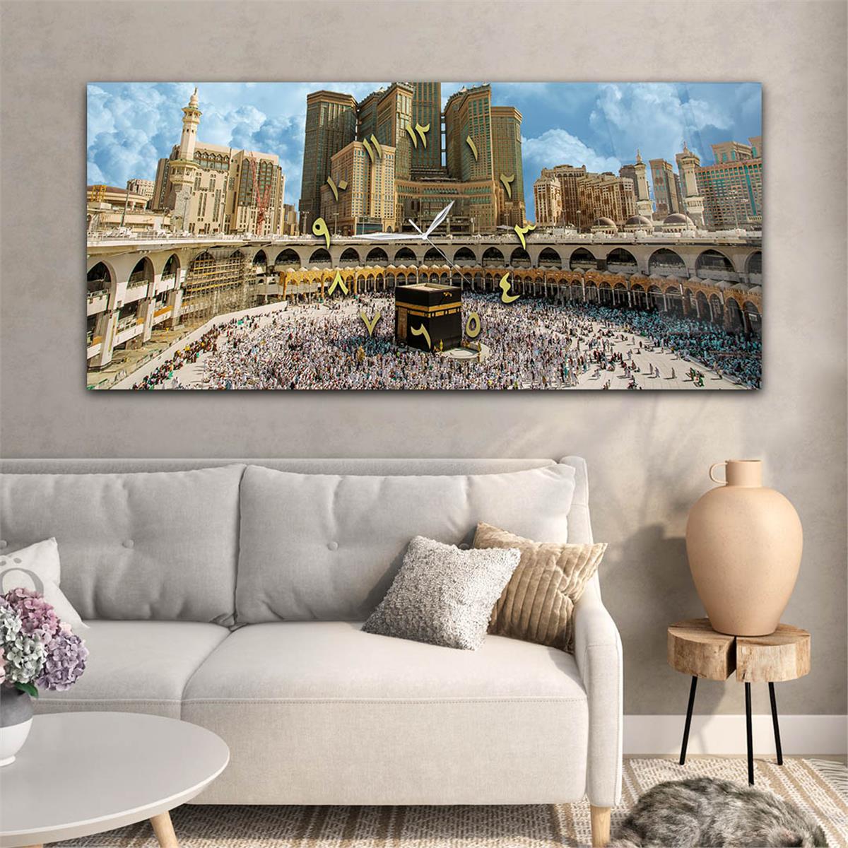 Yatay Ortadan Saatli  Dini Temalı Cam Tablo 007