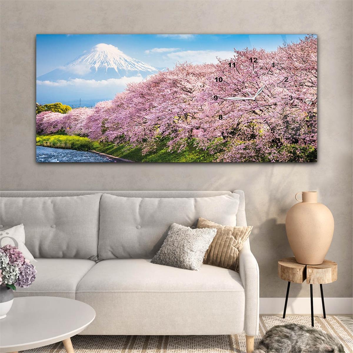 Yatay Saatli Yandan Sanat ve Doğa Temalı Cam Tablo 017