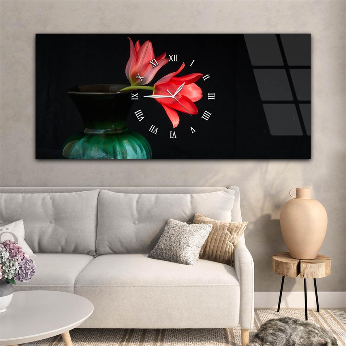 Yatay Ortadan Saatli  Sanat ve Doğa Temalı Cam Tablo 020