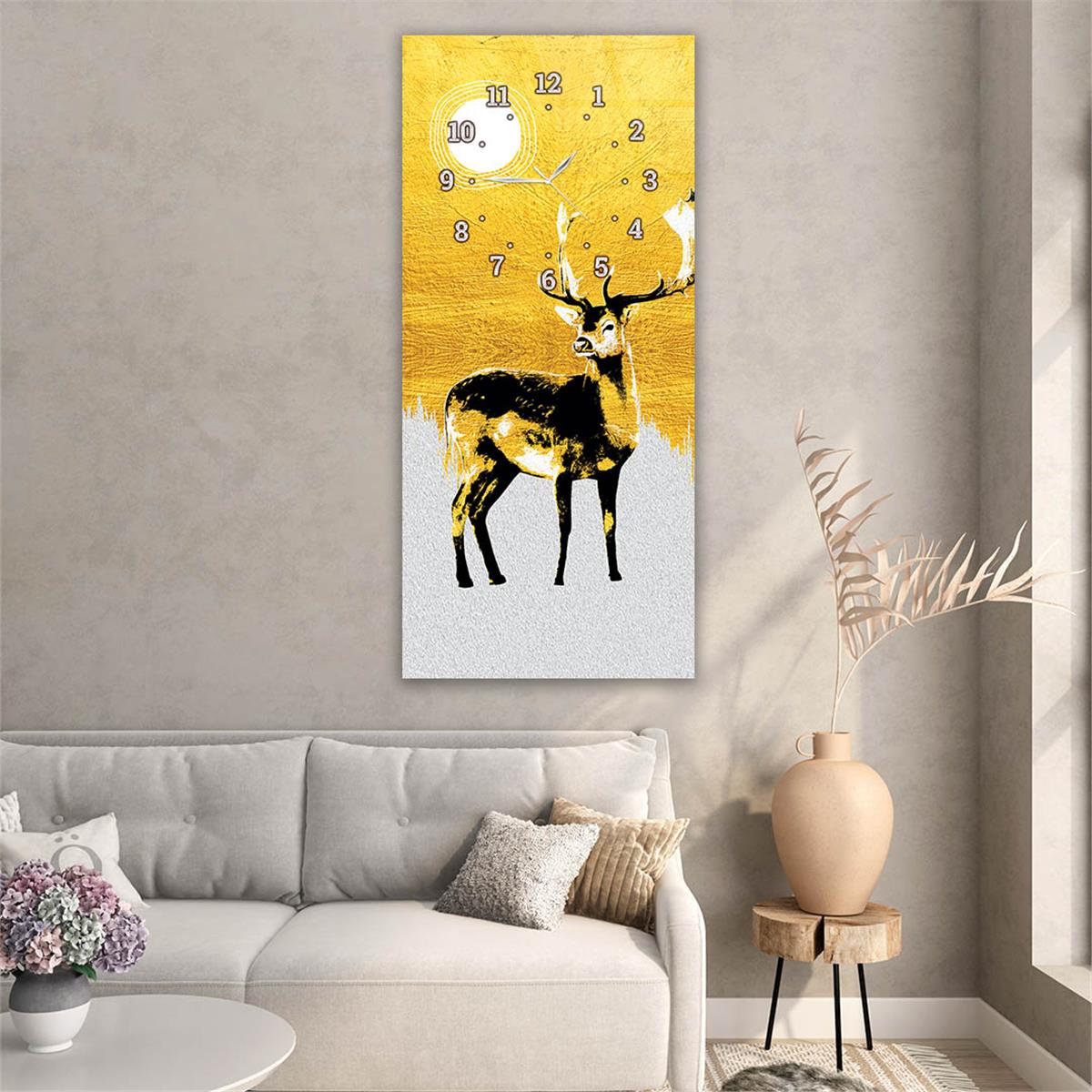 Dikey Üstten Saatli Sanat Temalı Cam Tablo 054