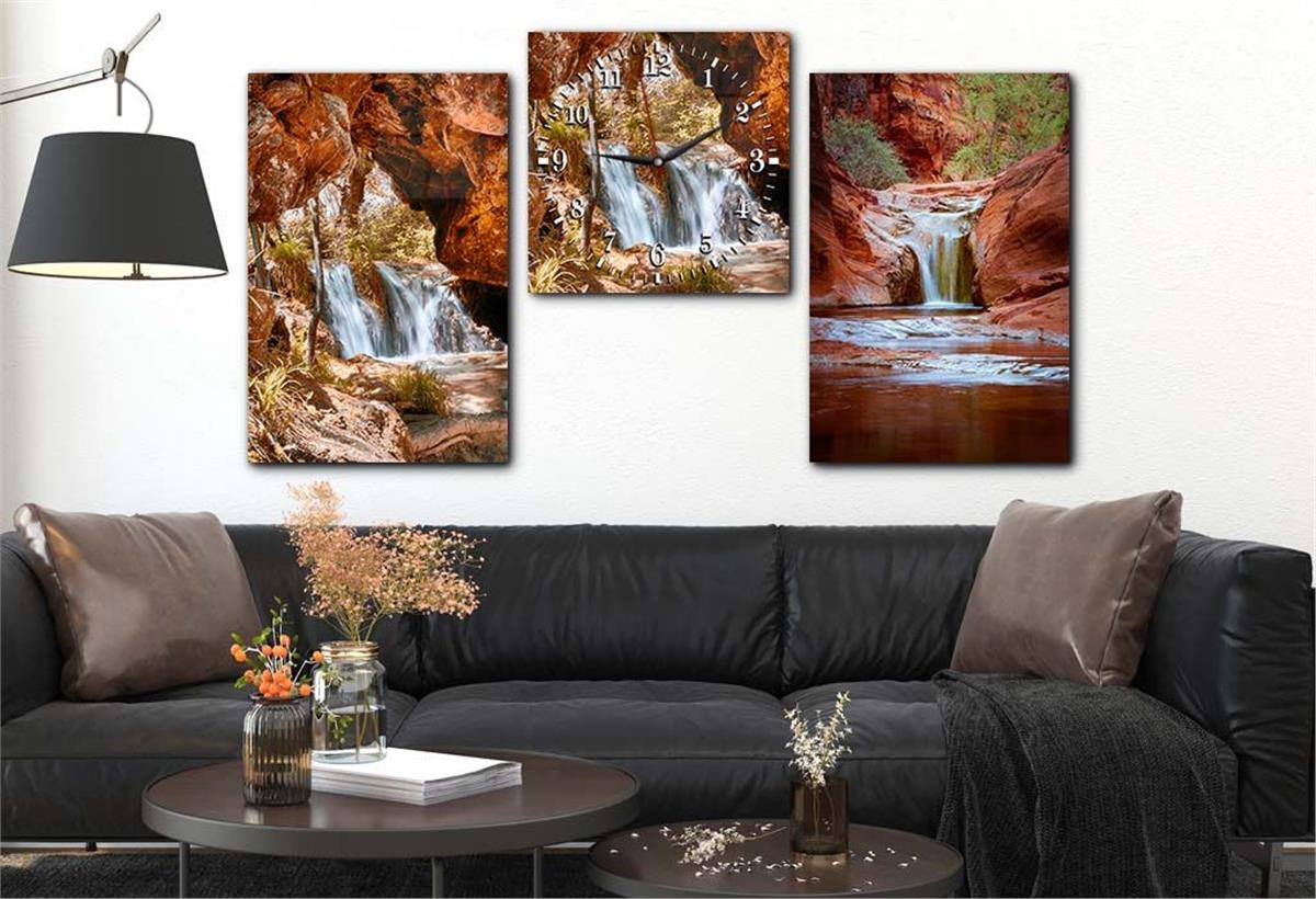 DOĞA ŞELALE MANZARALI CAM TABLO SAAT SETİ 