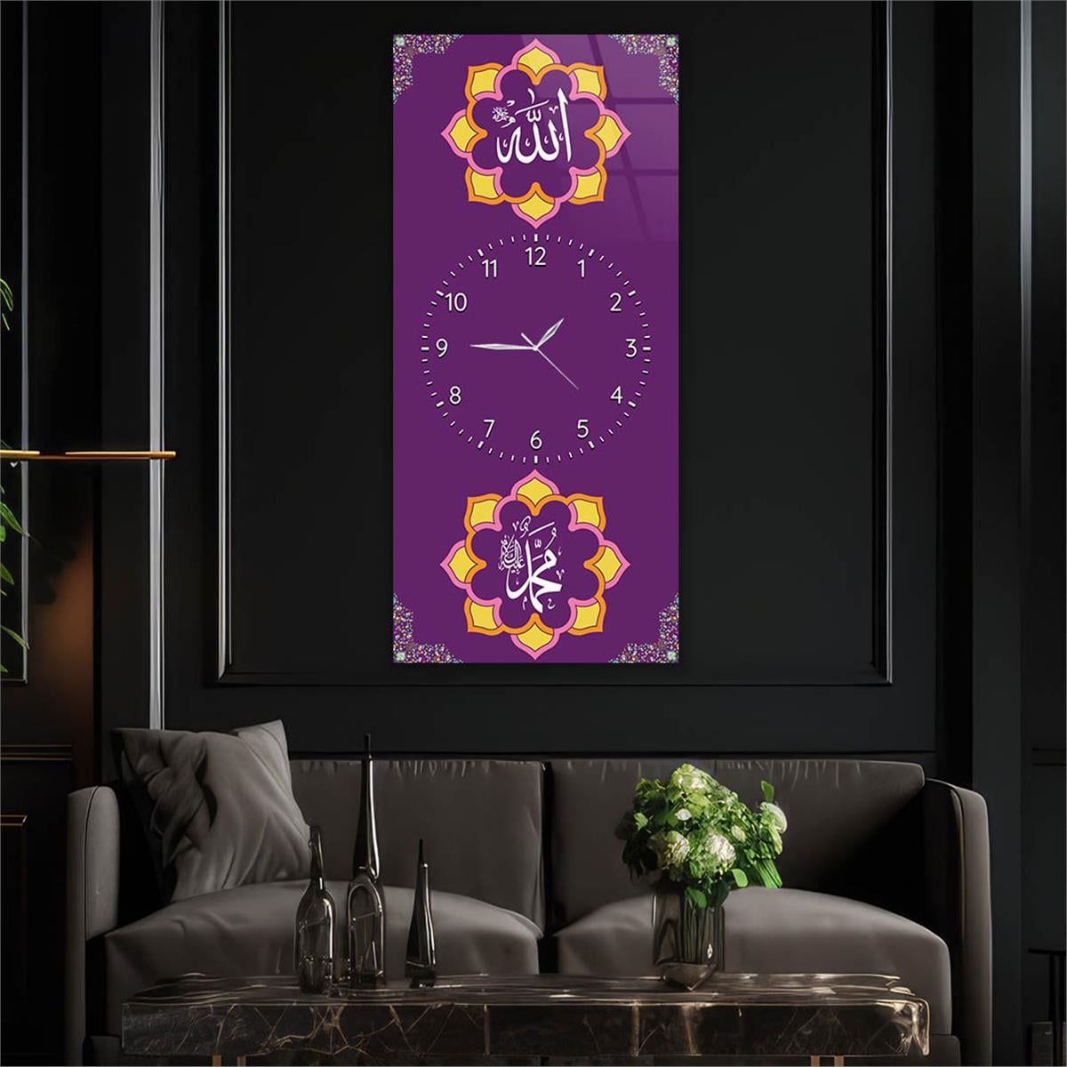Vertical Religious Themed Glass Wall Art with Clock at the Center 010