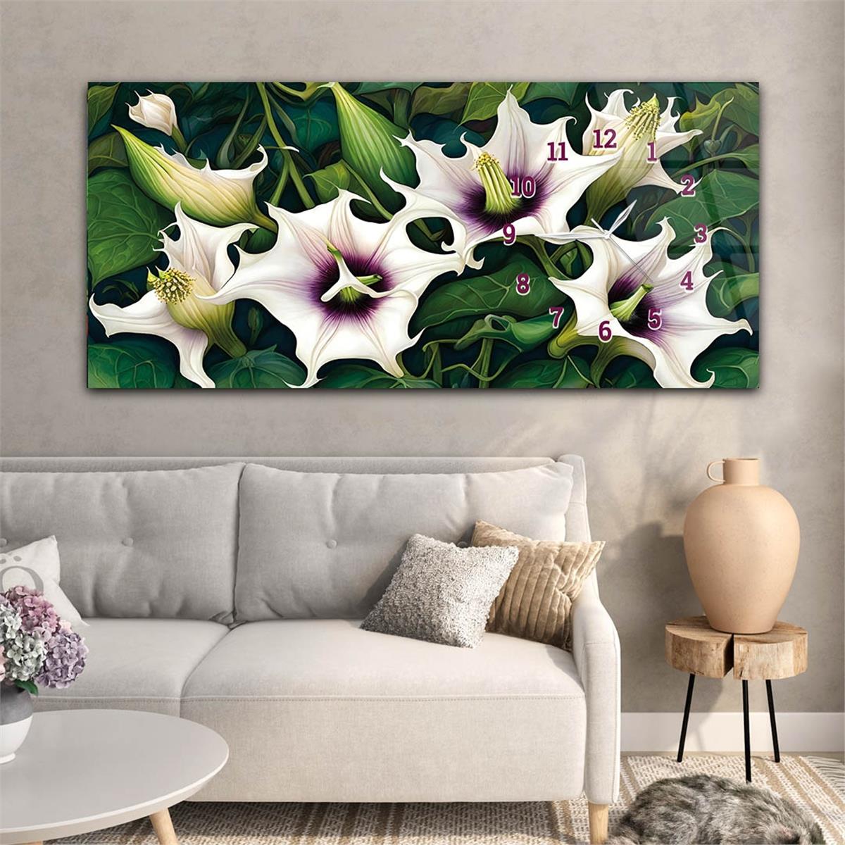 Lily flower patterned Horizontaal, Aan De Zijkant Voorzien Van Een Klok, Kunst en Natuur Thema Gehard Glasschilderij 234