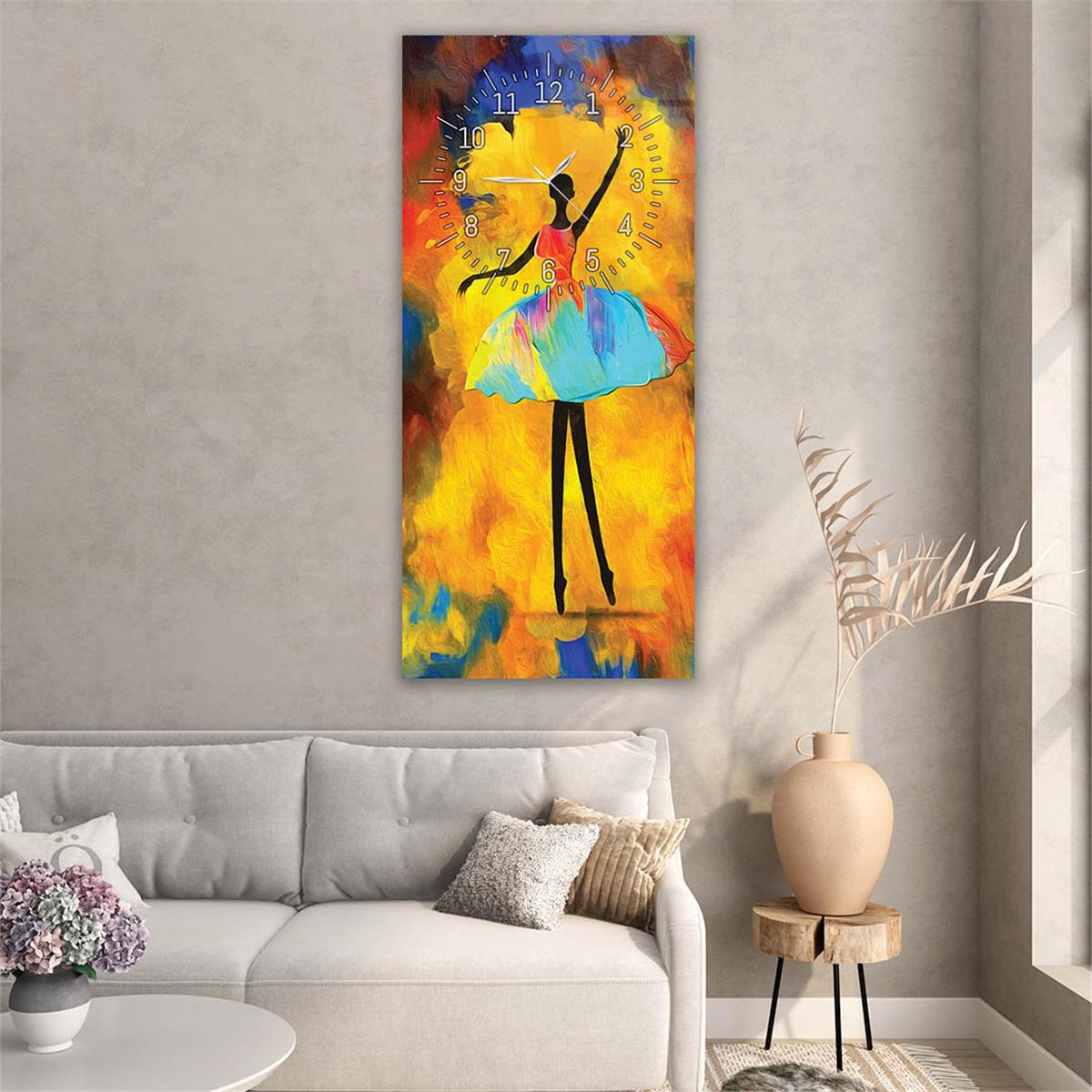 Dikey Üstten Saatli Sanat Temalı Cam Tablo 061