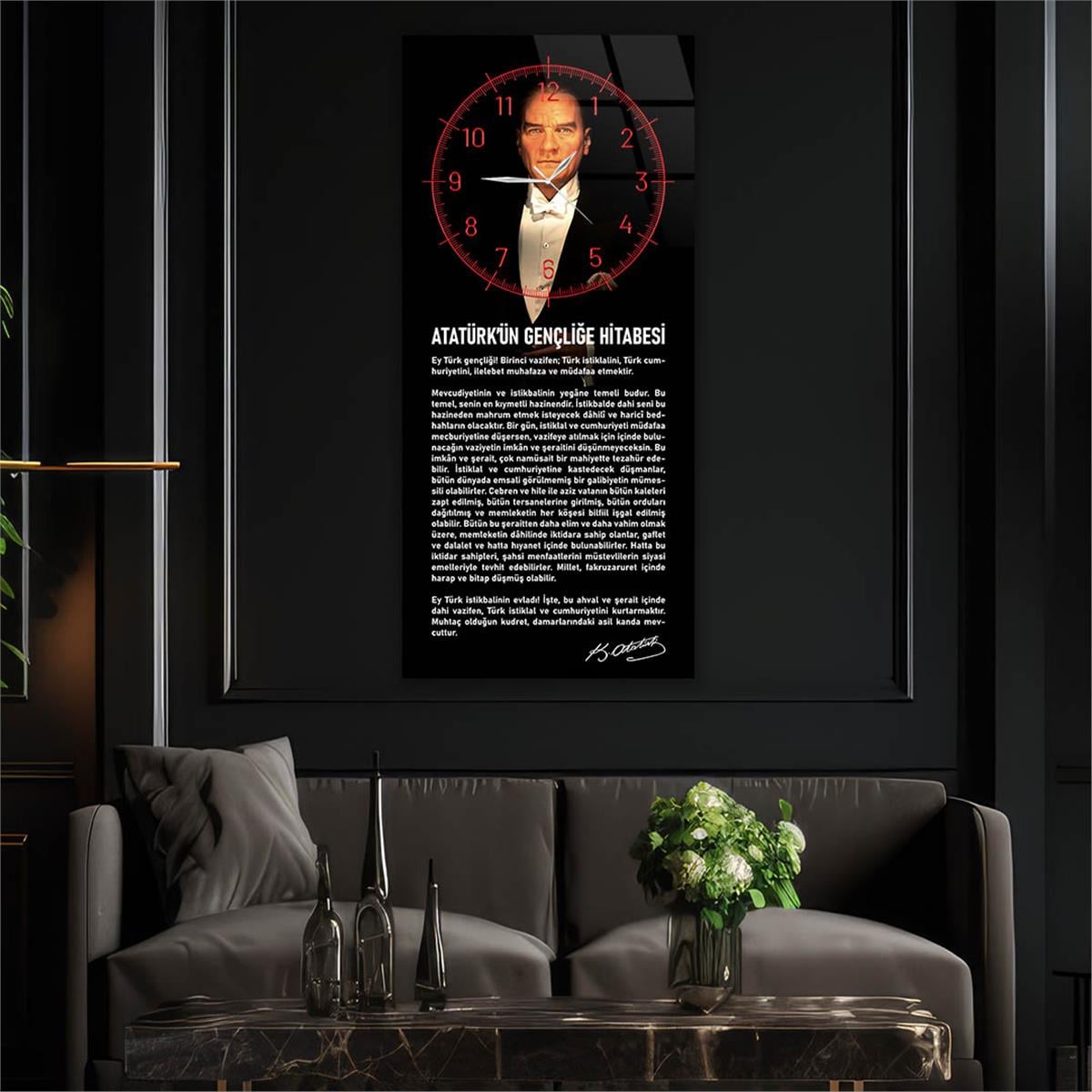 Dikey Üstten Saatli Vatan Temalı Cam Tablo 025