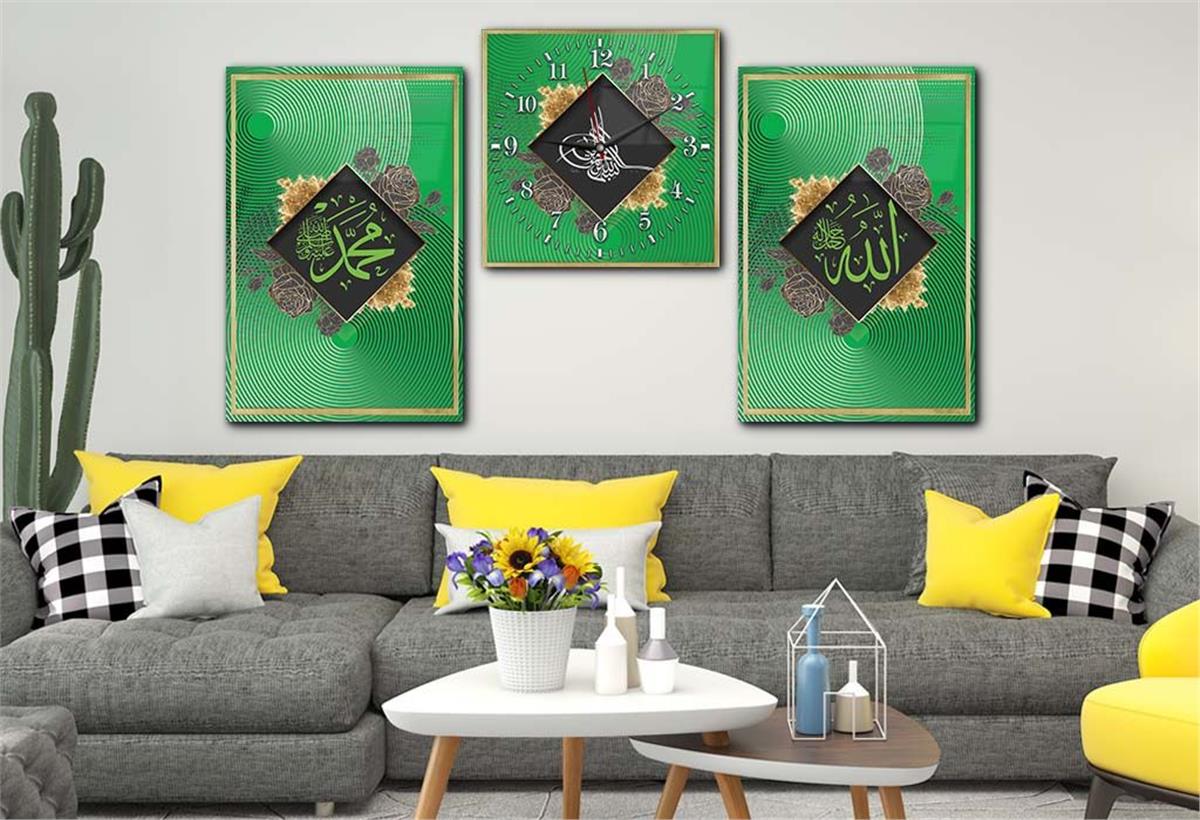 ALLAH C.C. MUHAMMED S.A.V İSMİ VE OSMALI TUĞRA GÖRSELLİ CAM TABLO CAM DUVAR SAATİ 