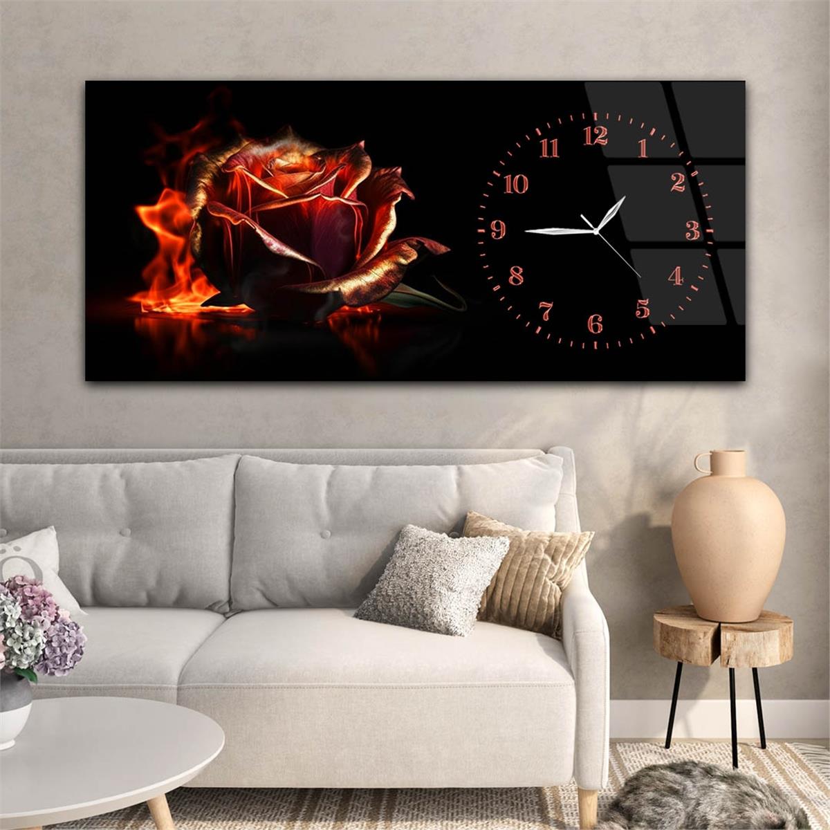 Yatay Saatli Yandan Sanat Temalı Cam Tablo 262