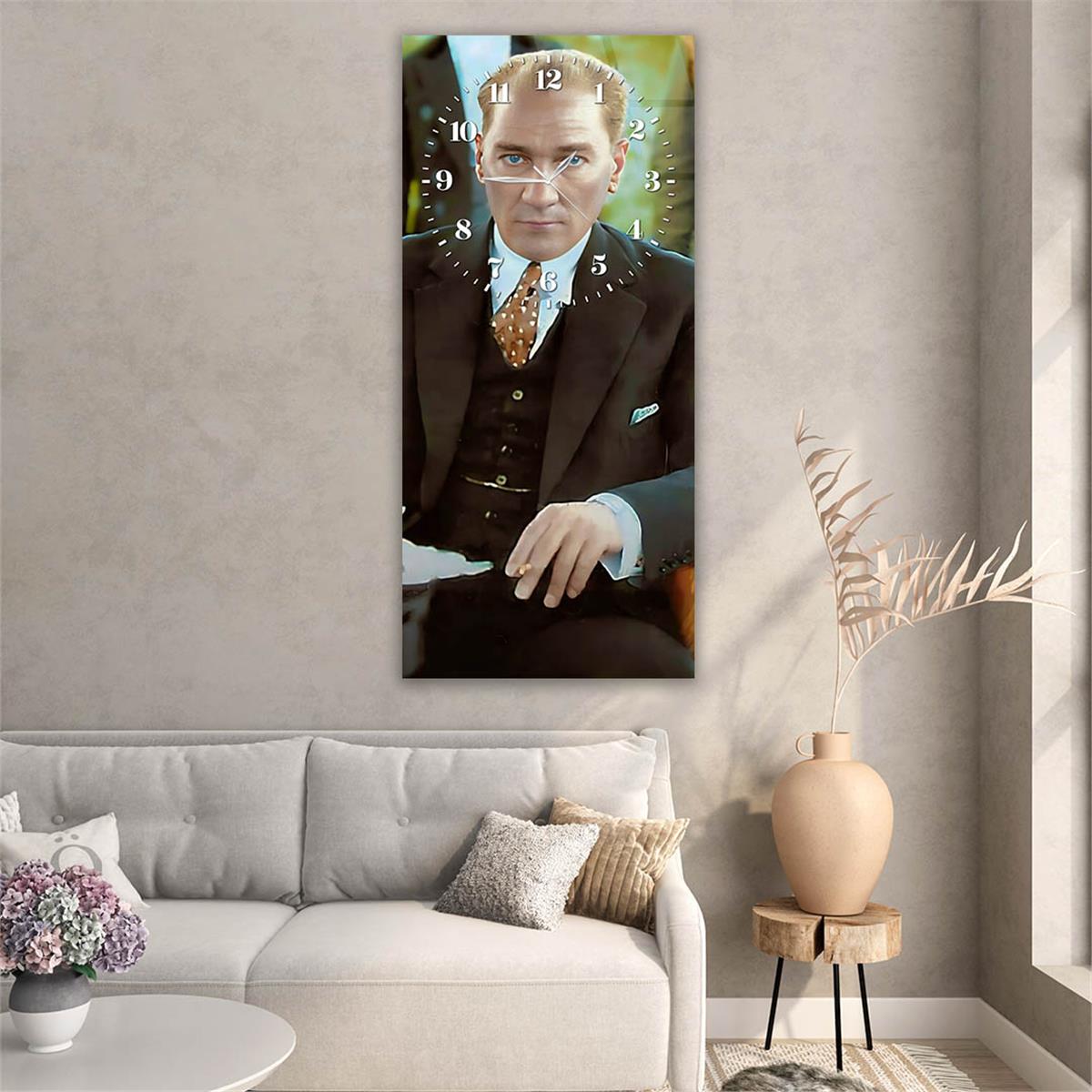 Dikey Üsten Saatli Vatan Temalı Cam Tablo 001