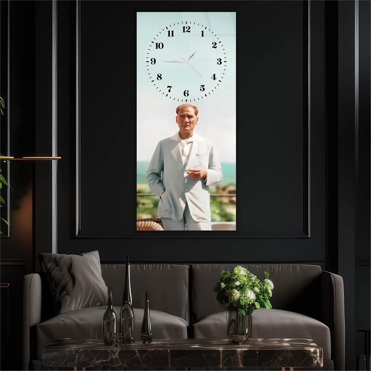 Dikey Üsten Saatli Vatan Temalı Cam Tablo 002