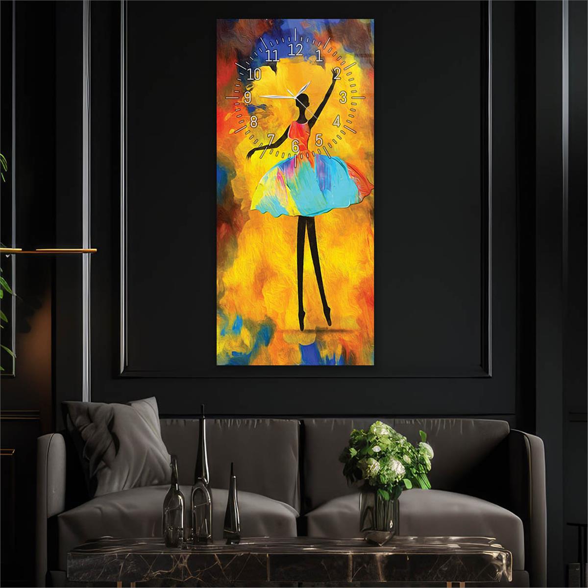 Dikey Üstten Saatli Sanat Temalı Cam Tablo 061
