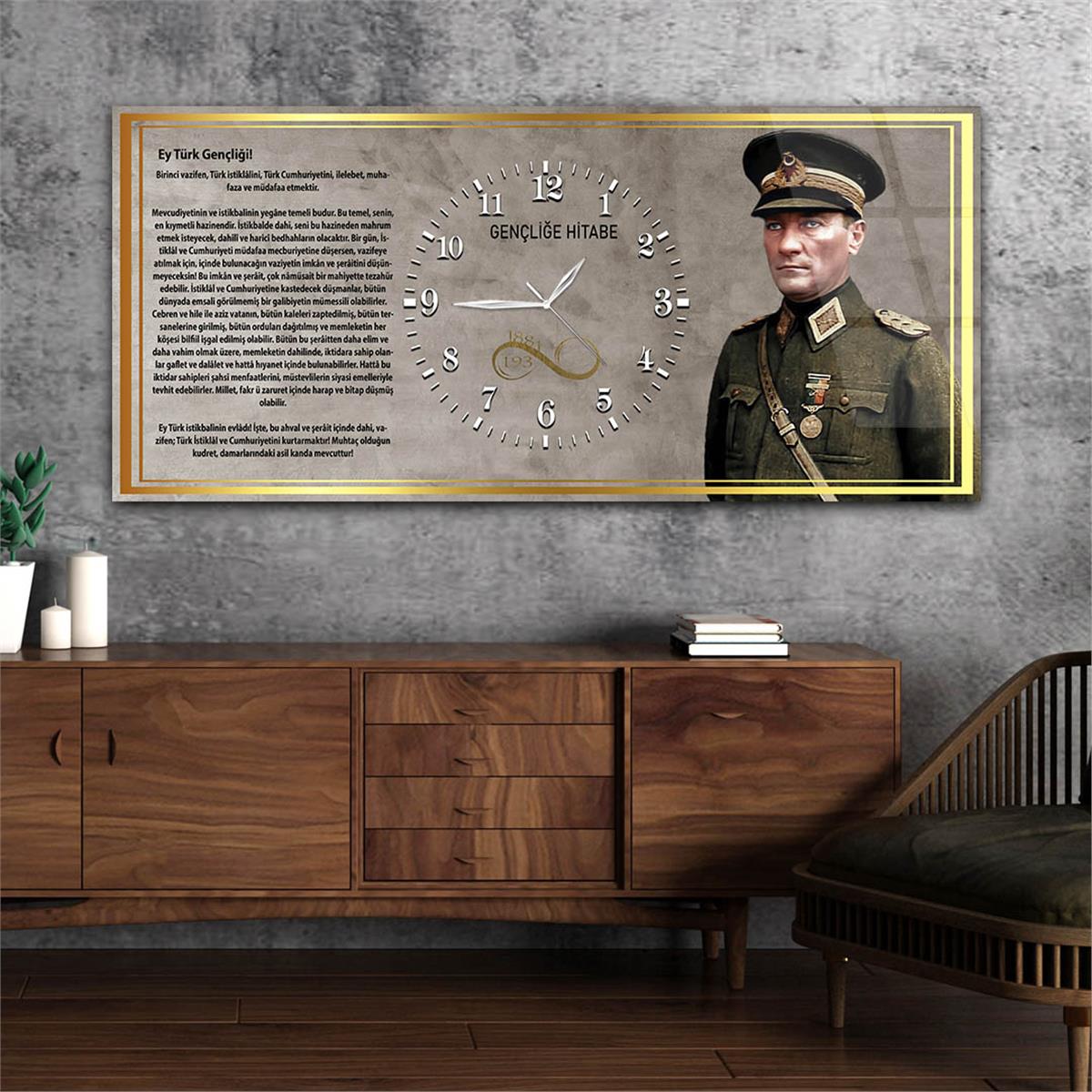Askeri Kıyafetli Mustafa Kemal Atatürk ve Gençliğe Hitabesi Saatli  Cam Tablo 042