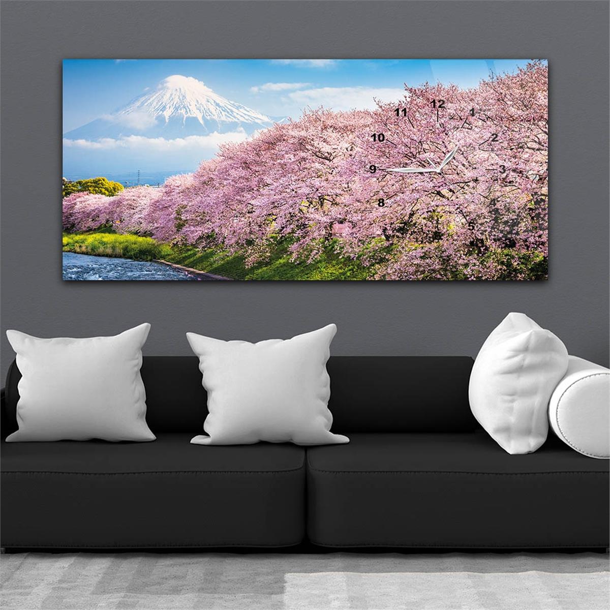 Yatay Saatli Yandan Sanat ve Doğa Temalı Cam Tablo 017