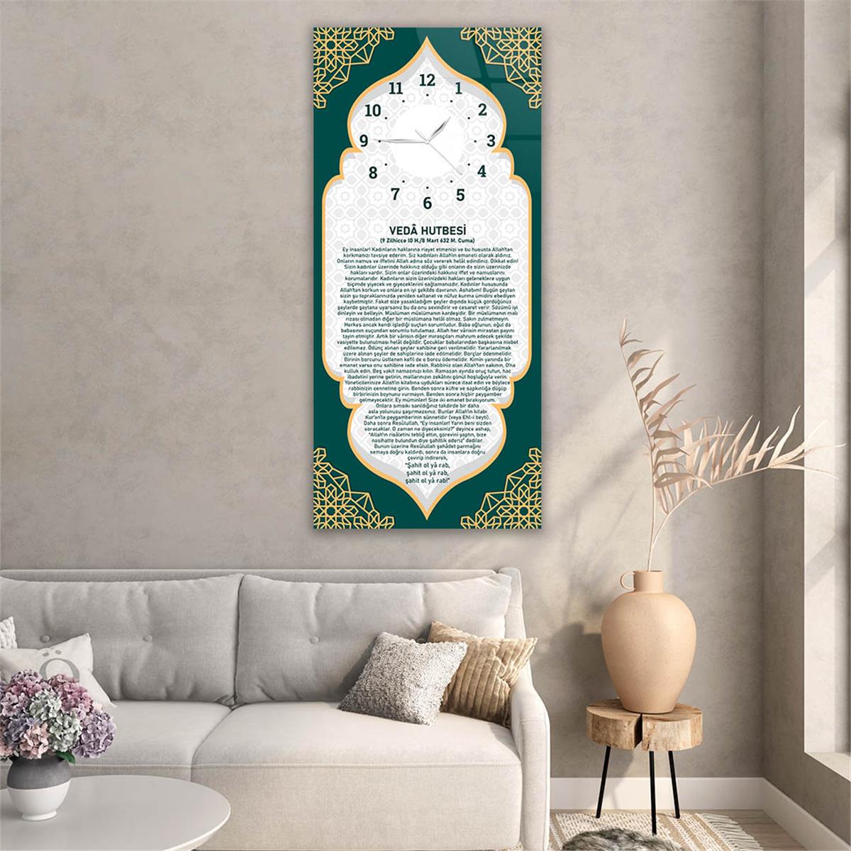 Vertical Religious Themed Glass Wall Art with Clock at the Top  054