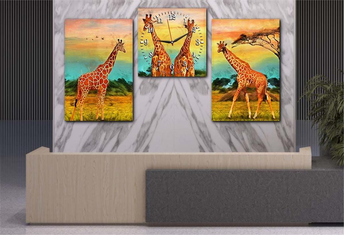 Giraffe Tempered Glass Wall Art Set with Clock