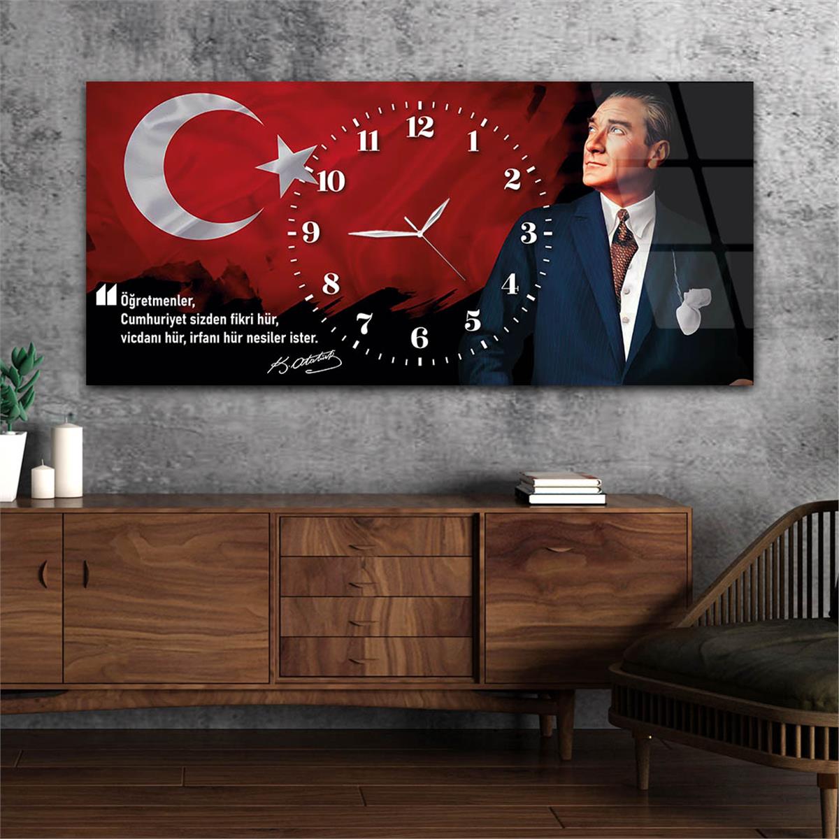 Yatay Saatli Ortadan Vatan Temalı Cam Tablo 151