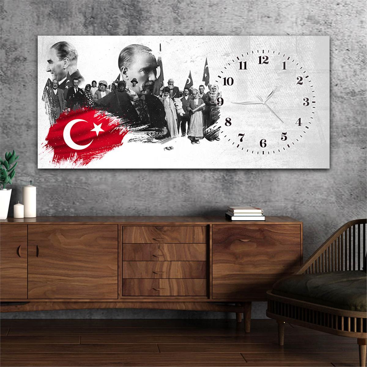 Yatay Saatli Yandan Vatan Temalı Cam Tablo 027