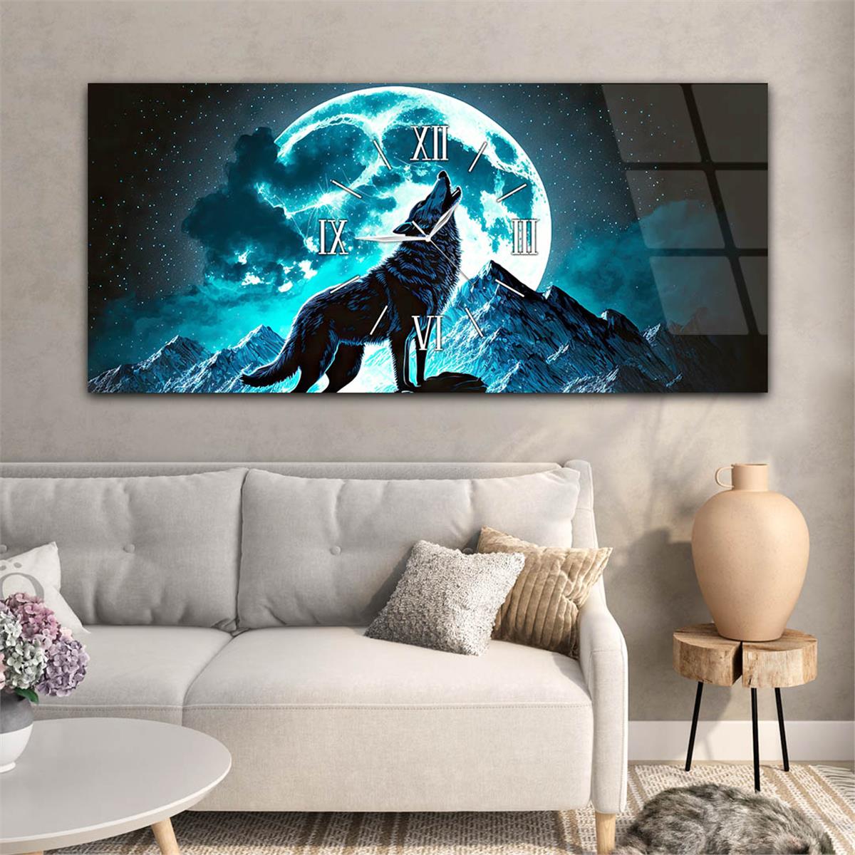 Yatay Ortadan Saatli  Sanat ve Doğa Temalı Cam Tablo 037