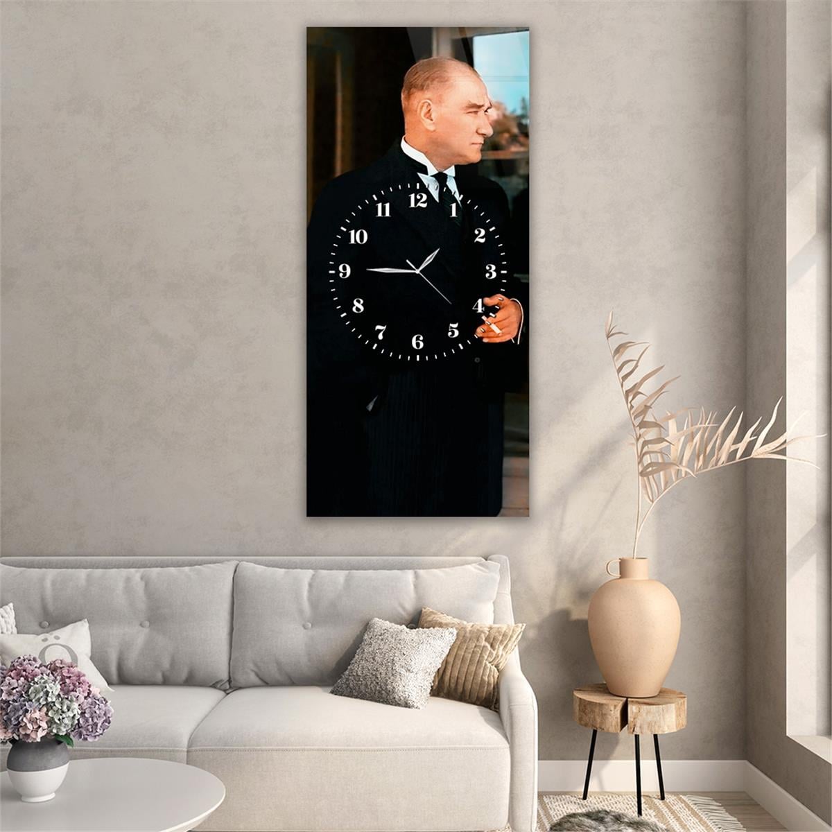 Dikey Ortadan Saatli Vatan Temalı Cam Tablo 002