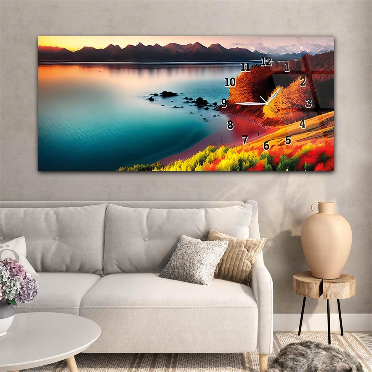 Yatay Saatli Yandan Sanat ve Doğa Temalı Cam Tablo 173