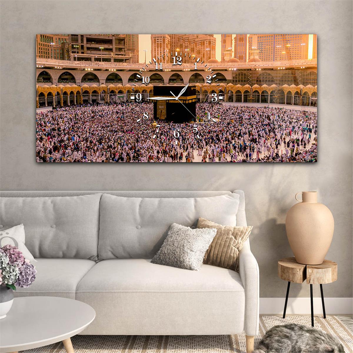 Yatay Ortadan Saatli  Dini Temalı Cam Tablo 029