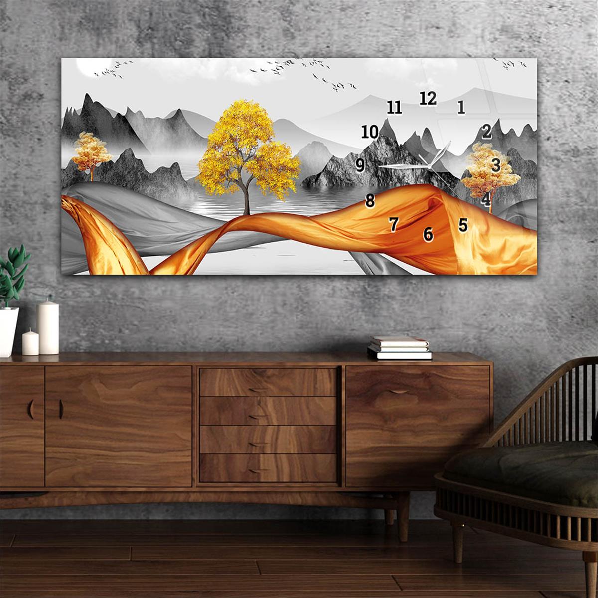 Yatay Saatli Yandan Sanat ve Doğa Temalı Cam Tablo 168