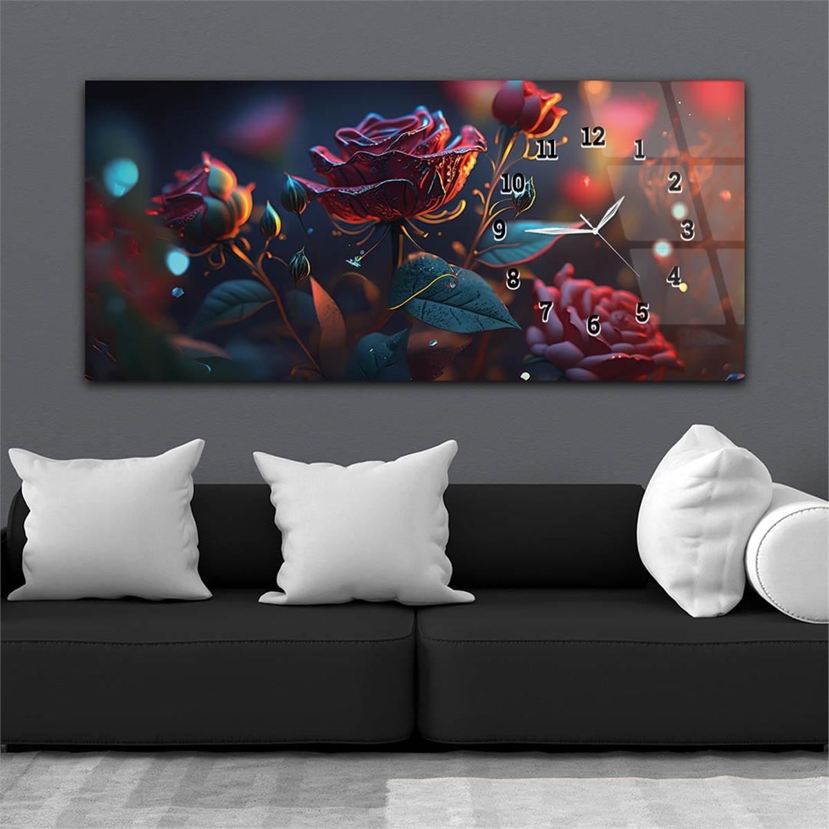 Yatay Saatli Yandan Sanat ve Doğa Temalı Cam Tablo 195