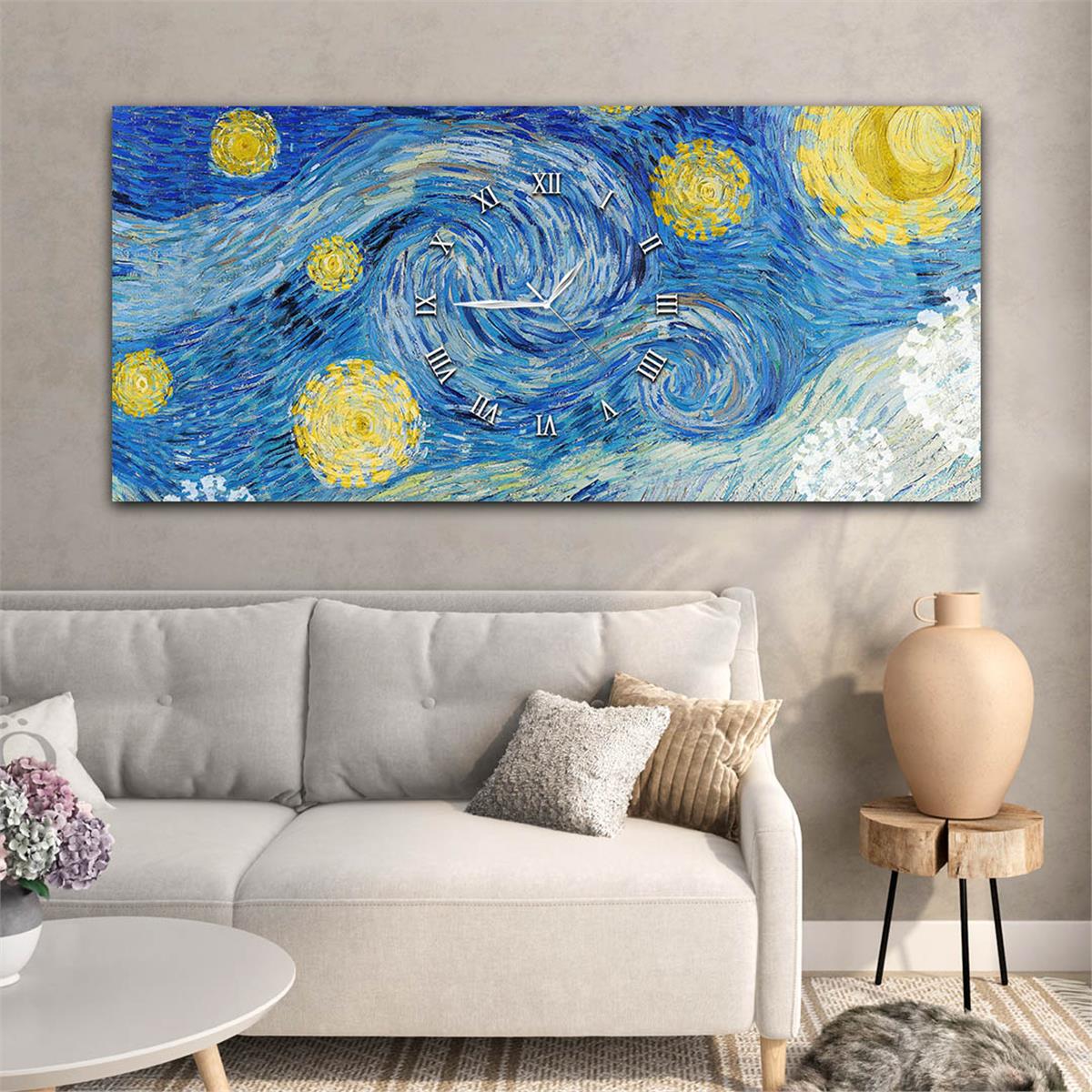 لوحة زجاجية أفقية ذات طابع فني و طبيعي مع ساعة في الوسط 002