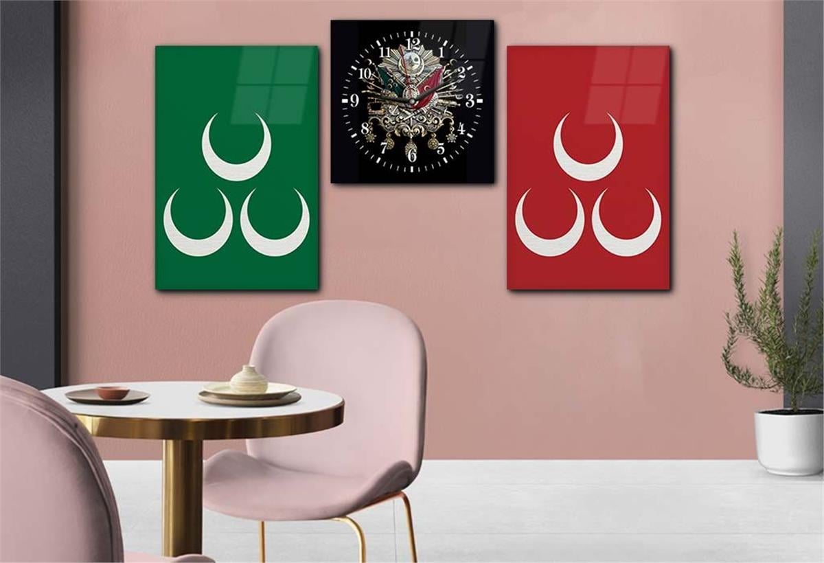 Ottoman State Coat of Arms and Three Crescent Tempered Glass Wall Art Set with Clock